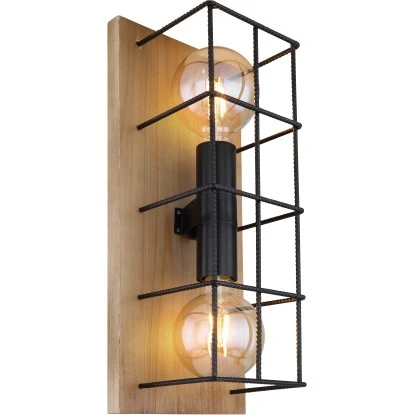 Globo Wandleuchte Merril 2-flammig Holz Braun Metall Schwarz 3 Globo Wandleuchte Merril 2-flammig Holz Braun Metall Schwarz